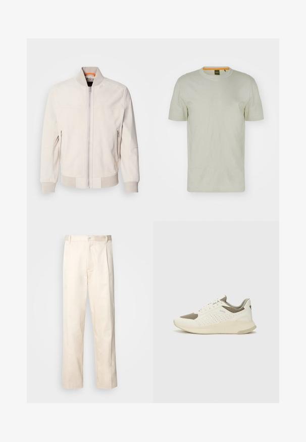Jaqueta de couro bege claro com colarinho alto, fecho frontal com zíper e dois bolsos laterais com zíper. Punhos e barra com textura canelada.; T-shirt verde claro de mangas curtas, feito de um tecido macio, com um decote arredondado e um logotipo discreto na frente. Design simples com detalhes mínimos.; Calças de algodão bege com corte reto, apresentando um fecho de botão e pregas na frente para um detalhe adicional.; Sapatilha atlética branca e bege claro, com parte superior em malha, detalhes perfurados e uma entressola texturizada com marcação no calcanhar.