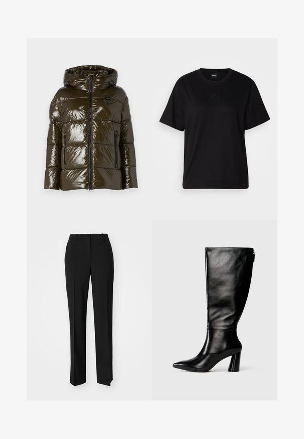 Blauer JOYCE - Vinterjakke - verde pigna; Svart bomull T-skjorte med rund hals, korte ermer og et brodert logo på brystet. Enkel, avslappet passform uten mønstre.; Sorte skreddersydde bukser med rett silhuett, med en glatt tekstur og klare pressede bretter foran. Ingen synlig maskinvare.; Knæhøye svarte lærstøvler med spiss tå, glatt tekstur og tykk hæl. Har glidelåsdetalj på baksiden.
