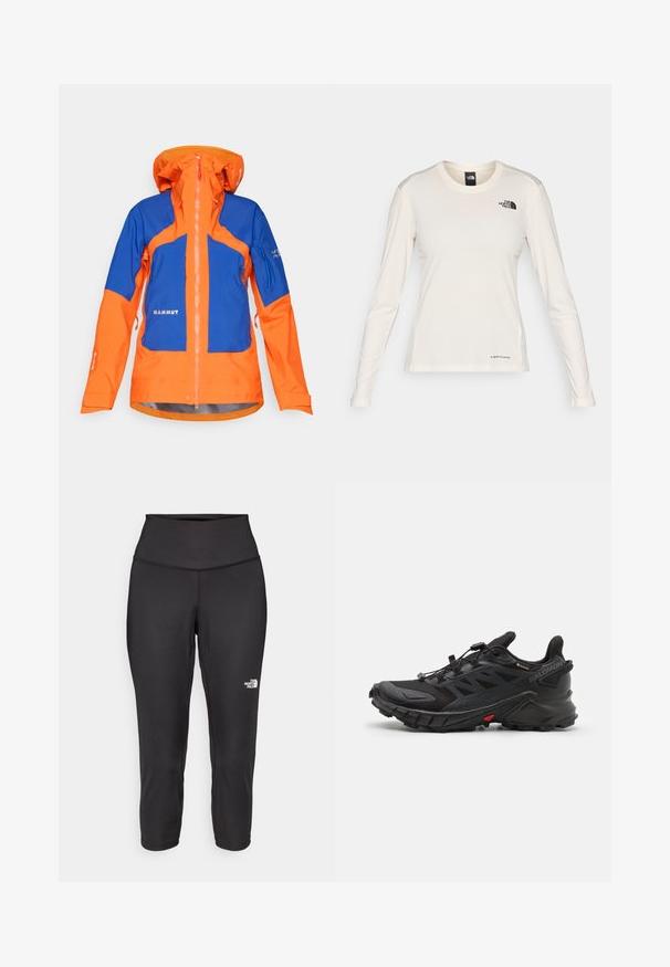 Waterproof outdoor jacket in orange and blue, featuring a high collar, zip closure, multiple pockets, and elastic cuffs for a secure fit.; The North Face SHADOW LONG SLEEVE - Long sleeved top - white dune; Black capri leggings made from stretchy fabric, featuring a high waistband and a small white logo on the left side. Smooth texture.; Black athletic shoes with a textured upper, featuring a secure lace system, a cushioned sole, and a prominent red accent on the side.