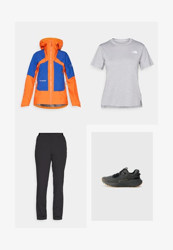Waterproof outdoor jacket in orange and blue, featuring a high collar, zip closure, multiple pockets, and elastic cuffs for a secure fit.; Grey short-sleeve t-shirt made of soft, moisture-wicking fabric. Features a crew neck and a small white logo on the upper left.; Black outdoor pants, made of lightweight fabric, feature a straight leg design, zippered side pockets, and an adjustable waistband.; Columbia TERRASTRIDE CRZ - Hiking shoes - shark/black