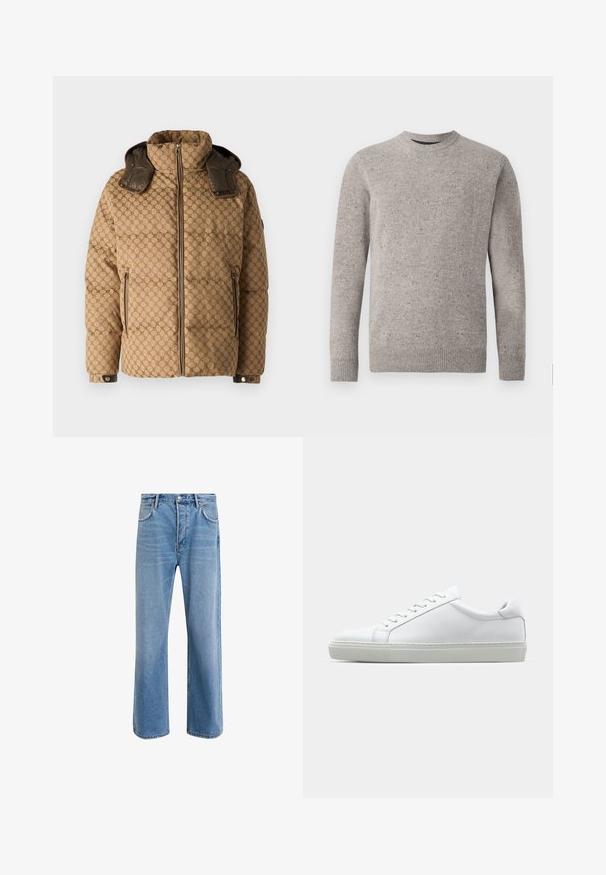 JOOP! AMBRO - Winterjacke - open brown; Hellgrauer gestrickter Pullover mit Rundhalsausschnitt, langen Ärmeln und gerippten Bündchen und Saum. Strukturiertes Muster mit Farbklecksen.; Helle blaue Jeans im Geradeschnitt-Design, mit fünf Taschen, Knopfverschluss, minimaler Ausbleichung und kontrastierenden Nähdetails.; Weißer Sneaker mit glattem Lederobermaterial und niedrigem Profil. Verfügt über eine runde Zehenpartie, sechs Ösen und eine strukturierte Gummisohle.