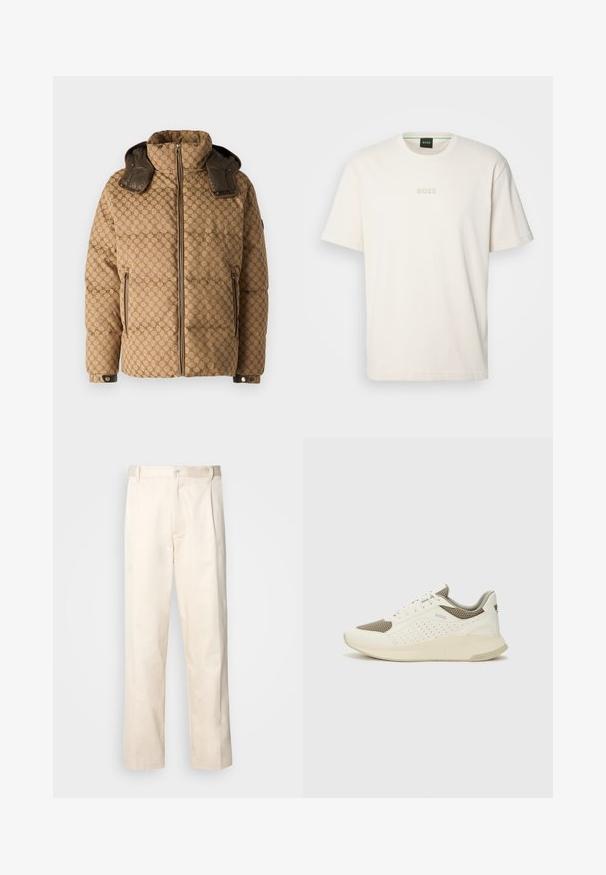 JOOP! AMBRO - Χειμωνιάτικο μπουφάν - open brown; BOSS TEE - Βασικό μπλουζάκι - open white; Μπεζ βαμβακερό παντελόνι με ίσια γραμμή, διαθέτει κουμπί κλεισίματος και πτυχές στο μπροστινό μέρος για επιπλέον λεπτομέρεια.; Λευκό και ανοιχτό μπεζ αθλητικό παπούτσι, με επάνω μέρος από διχτυωτό υλικό, διακοσμήσεις με περφορέ και υφή στην ενδιάμεση σόλα με επωνυμία στη φτέρνα.