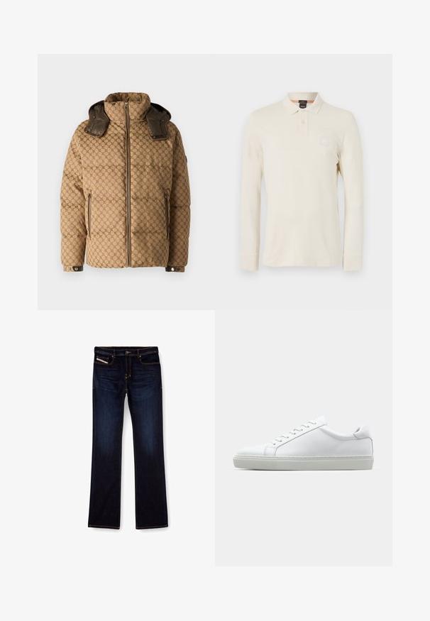 JOOP! AMBRO - Winterjacke - open brown; Langarm-Polo-Shirt in hellem Beige, aus glattem Stoff gefertigt, mit einem Polo-Kragen, einer zwei-Knopf-Leiste und einem kleinen Logo-Patch auf der Brust.; Dunkelblaue Jeans aus Denim mit geradem Bein, ausgestattet mit orangefarbenen Nähten, einem Reißverschluss und Vordertaschen. Glatte Textur und Standardbund.; Weißer Sneaker mit glattem Lederobermaterial und niedrigem Profil. Verfügt über eine runde Zehenpartie, sechs Ösen und eine strukturierte Gummisohle.