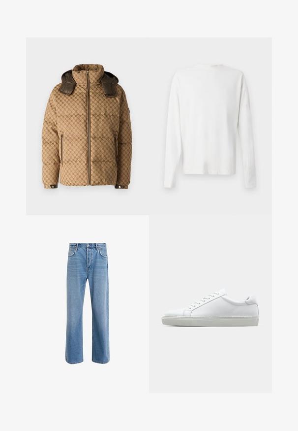 JOOP! AMBRO - Ziemas jaka - open brown; Garums piedurkņu baltā kokvilnas krekls ar apaļu dekoltē, sānu šķēlumiem apakšā un gludu tekstūru, redzams no aizmugures.; Gai zilas džinsu bikses ar taisnām kājām, piecām kabatām, pogu aizvēršanu, minimālu izbalēšanu un kontrastējošiem šuvju elementiem.; Baltie sporta apavi ar gludu ādas virsu un zemu profilu. Iezīmējas ar noapaļotu purngalu, sešām acīm un teksturētu gumijas zoli.