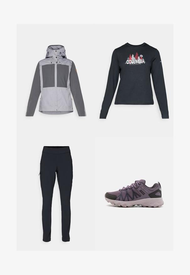 Fjällräven KEB JACKET W - Szabadtéri dzseki - flint grey/basalt; Hosszú ujjú, sötétszürke ing piros fákkal és hegyekkel díszítve; a "COLUMBIA" logó vastag fehér betűkkel. Puha anyag, klasszikus kerek nyakkivágás.; Fekete sportnadrág karcsúsított fazonnal, rugalmas derékrésszel és cipzáras oldalzsebbel. Simító, elasztikus anyag minimális varrásokkal.; Könnyű, lila túracipők hálós felsőrésszel, fekete részletekkel, párnázott talppal és strapabíró talppal a tapadás érdekében.