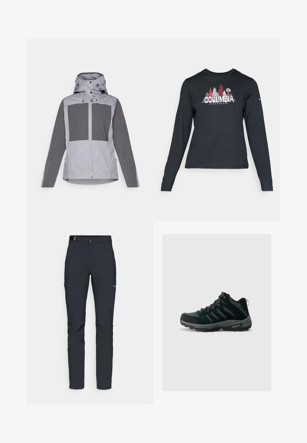 Fjällräven KEB JACKET W - Outdoorjas - flint grey/basalt; Langsluitend donkergrijs shirt met lange mouwen, versierd met een grafisch ontwerp van rode bomen en bergen; het "COLUMBIA"-logo in vet witte tekst. Zacht materiaal, standaard ronde hals.; Heren buitenbroeken, donkergrijs, gemaakt van flexibel materiaal, met een riem, ritszakken en verstevigde stiksels.; Columbia REDMOND - Outdoorschoenen - black/citron haze