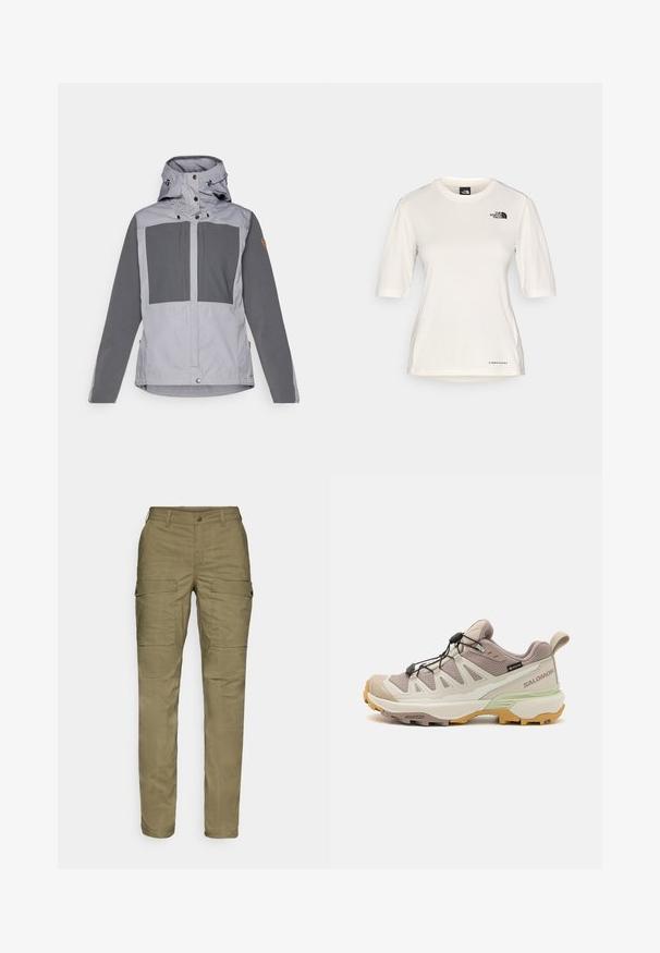 Fjällräven KEB JACKET W - Jakna za prosti čas - flint grey/basalt; The North Face SHADOW SHORT SLEEVE - Športne majice - white dune; Kašmirne cargo hlače iz trpežnega materiala; vključujejo široke stranske žepke, gumbno zapiranje, trdne šive in naravnost krojene hlače.; Lahka planinska obutev z bež in meta zeleno zasnovo. Teksturovana zgornji del, gumijast podplat, hiter sistem vezanja in kontrastni rumeni poudarki.