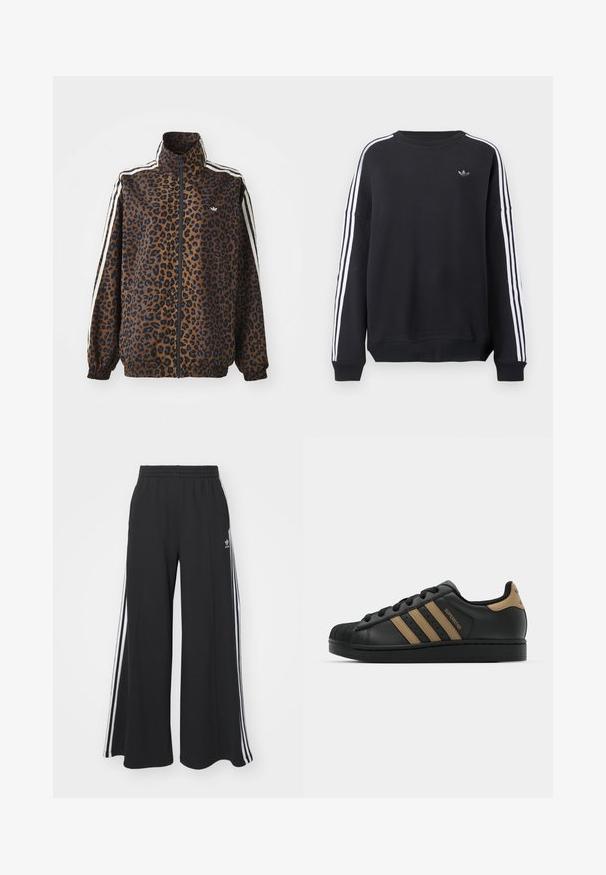 Lauvas raksta rāvējslēdzēja jaka brūnā un melnā krāsā ar baltām sānu strīpām, augstu apkakli un elastīgām piedurknēm un apakšmalu. Gluda sintētiska materiāla izstrādājums.; Melnas sporta džemperis ar garām piedurknēm, baltas svītras gar katru roku un neliels pelēks logotips uz krūtīm. Kokvilnas materiāls, ikdienišķa piegriezuma forma.; Melnas plašas sporta bikses ar elastīgu jostasvietu, kurām ir baltas sānu svītras un izšūts logo kreisajā augšstilbā.; Melna ādas kedas ar trim brūniem svītrām, teksturētu gumijas purngali, šņorējama priekšpuse un plakans melns zole. Iekļauj diskrētu logotipu uz papēža.