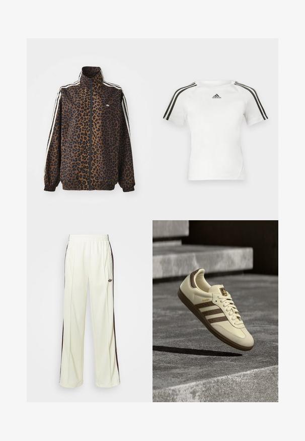 Leopard print zip jacket in brown and black, featuring white side stripes, high collar, and elastic cuffs and hem. Smooth, synthetic material.; White short-sleeve athletic shirt with black three-stripe design on shoulders, smooth texture, and a small black adidas logo on the chest.; Cream-colored sweatpants with a relaxed fit, featuring dark brown side stripes and an embroidered logo on the left thigh.; Cream-colored sneaker with brown accents, textured side stripes, and a smooth leather finish. Features a lace-up design and rubber sole.