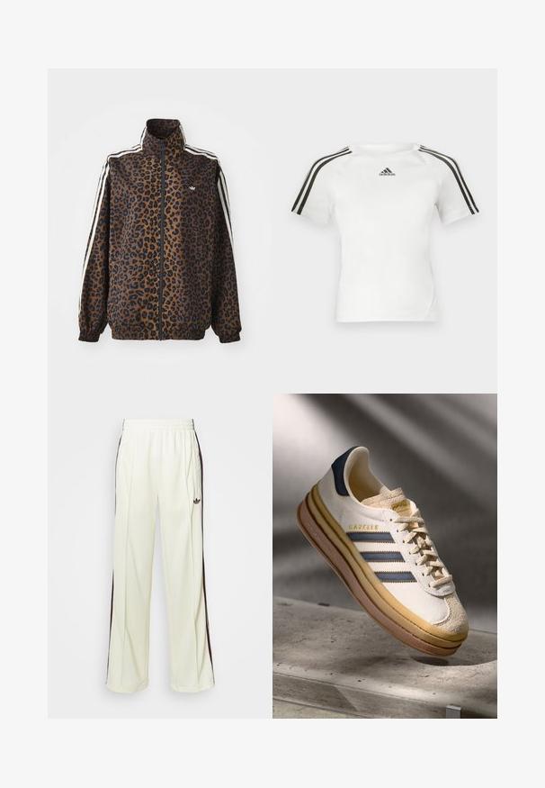 Leopard print zip jacket in brown and black, featuring white side stripes, high collar, and elastic cuffs and hem. Smooth, synthetic material.; White short-sleeve athletic shirt with black three-stripe design on shoulders, smooth texture, and a small black adidas logo on the chest.; Cream-colored sweatpants with a relaxed fit, featuring dark brown side stripes and an embroidered logo on the left thigh.; Adidas Gazelle sneaker featuring a cream suede upper, blue leather accents, three blue stripes, beige midsole, and brown rubber outsole.