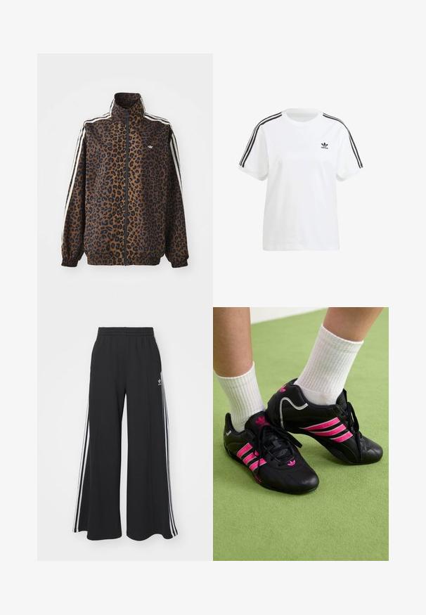 Lauvas raksta rāvējslēdzēja jaka brūnā un melnā krāsā ar baltām sānu strīpām, augstu apkakli un elastīgām piedurknēm un apakšmalu. Gluda sintētiska materiāla izstrādājums.; Balts kokvilnas T-kreklis ar īsām piedurknēm, apaļu kaklu un melnām vertikālām svītrām uz pleciem, ar mazu melnu logotipu uz krūšu.; Melnas plašas sporta bikses ar elastīgu jostasvietu, kurām ir baltas sānu svītras un izšūts logo kreisajā augšstilbā.; Melnas sporta kurpes ar trim rozā svītrām, ar teksturētu ādas virsmu, melnām auklām un logotipa detaļu, kopā ar baltām ribotām zeķēm uz zaļas virsmas.