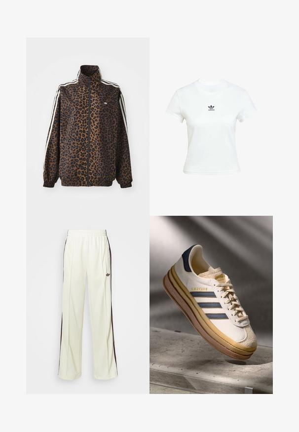Svetřík se zebrovaným potiskem v hnědé a černé barvě, s bílými postranními pruhy, vysokým límcem a elastickými manžetami a lemem. Hladký syntetický materiál.; Bílá bavlněná tričko s krátkými rukávy a kulatým výstřihem. Na hrudi se nachází černé logo Adidas. Jednoduchý, minimalistický design.; Krémové tepláky s uvolněným střihem, se šněrováním v tmavě hnědé barvě na bocích a vyšitým logem na levém stehně.; Tenisky Adidas Gazelle s krémovým semišovým svrškem, modrými koženými detaily, třemi modrými pruhy, béžovou mezipodešví a hnědou gumovou podešví.