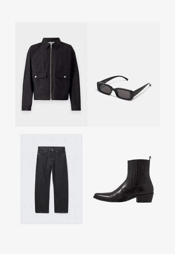 Giubbotto nero con zip frontale, colletto corto e due tasche anteriori. Il tessuto sembra liscio e resistente all'acqua. Design semplice, senza motivi.; Camicia nera a maniche lunghe realizzata in tessuto morbido, con patta con bottoni, colletto e un logo ricamato discreto sul petto.; Jeans in denim nero con taglio dritto, dotati di chiusura a bottoni, cinque tasche e dettagli in metallo color rame. Texture liscia.; Stivale alla caviglia in pelle nera con punta affusolata, pannelli laterali elasticizzati, accenti di cuciture verticali e tacco a blocco basso.; Occhiali da sole neri rettangolari con lenti scure, finitura lucida, aste larghe e design della montatura spessa. Nome del marchio inciso su un'asta.; Cravatta nera stretta con un motivo a coste diagonali testurizzate. Presenta una punta appuntita e una finitura liscia. Adatta per abbigliamento formale.