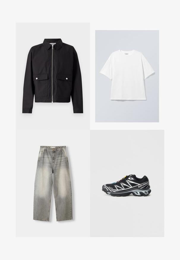 Black jacket with a zip front, short collar, and two front pockets. The fabric appears smooth and water-resistant. Simple design, no patterns.; White cotton t-shirt with a round neckline and short sleeves. Relaxed fit with no visible patterns or accents. Smooth texture.; Wide-leg jeans in a light gray wash. Features a faded finish, five pockets, and a button closure. Material is soft denim.; Black running shoe with silver accents, GORE-TEX material, textured sole, and colorful laces. Features a cushioned heel for support.