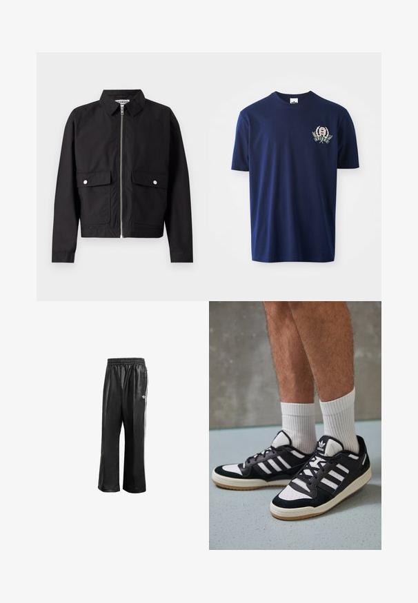 Juodas džemperis su užtrauktuku priekyje, trumpu apykakle ir dviem priekiniams kišenėms. Audinys atrodo lygus ir atsparus vandeniui. Paprastas dizainas, be raštų.; Jūros mėlynos spalvos medvilnės marškinėliai trumpomis rankovėmis, su apvaliu iškirpimu ir siuvinėtu logotipu, kuriame yra lauro akcentai kairėje krūtinės pusėje.; Juodos sintetinių medžiagų treniruočių kelnės su elastingu juosmeniu, su baltomis šoninėmis juostelėmis ir mažuoju baltu logotipu kairėje klubo pusėje.; Juodos ir baltos sportinės bateliai su zomšiniu ir odiniu viršumi, su trimis baltomis juostelėmis, perforuota koja ir guminėmis padais.