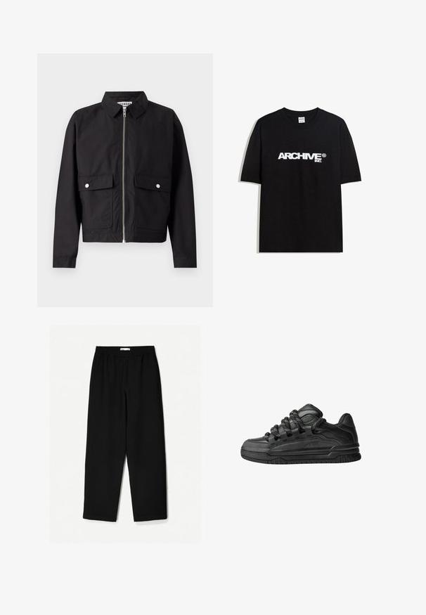 Čierna bunda so zipsom vpredu, krátkym golierom a dvoma prednými vreckami. Tkanina sa zdá byť hladká a vodoodpudivá. Jednoduchý dizajn, bez vzorov.; Čierne bavlnené tričko s krátkymi rukávmi a okrúhlym výstrihom, s bielym logom "ARCHIVE inc." na hrudi.; Čierne nohavice s širokými nohavicami vyrobené z ľahkej tkaniny. Majú elasticitu v páse a hladký povrch. Bez viditeľných vzorov alebo kovania.; Čierne tenisky s hladkým koženým zvrškom, štruktúrovanými akcentami a okrúhlymi čierno-bielymi šnúrkami. Hrubá gumená podrážka s vzorovaným dezénom.