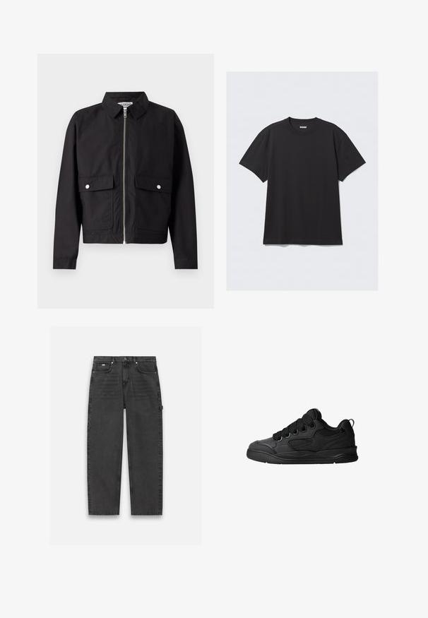 Crna jakna s prednjim zipom, kratkim ovratnikom i dva prednja džepa. Tkanina izgleda glatko i otporno na vodu. Jednostavan dizajn, bez uzoraka.; Crna majica kratkih rukava od pamuka. Ima okrugli izrez i opušteni kroj. Jednostavan dizajn bez vidljivih uzoraka ili akcentskih detalja.; Tamno sivi traperice ravnog kroja, pet džepova, s vidljivim dugmetom i zatvaračem. Sadrže minimalne detalje.; Crne tenisice s teksturiranim gornjim dijelom, sa vezicama, mrežastim detaljima za prozračnost, podstavljenim ovratnikom i čvrstim potplatima.