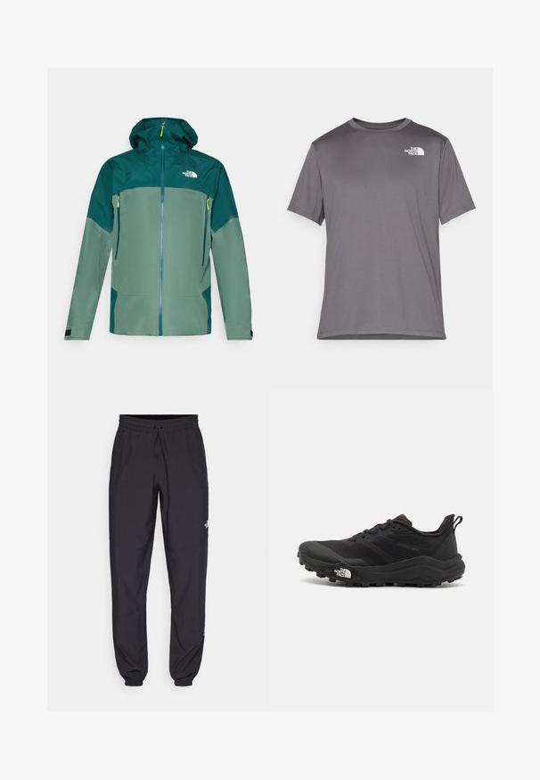 Waterproof jacket with a zippered front, hood, and two side pockets. Made of soft, textured green fabric with dark green accents and zippers.; Gray short-sleeve athletic t-shirt made of smooth, lightweight fabric. Features a white logo on the left chest area. Round neck design.; Black athletic pants made from lightweight fabric, featuring a drawstring waistband, side pockets, and tapered cuffs at the ankles.; Black trail running shoe with a textured upper, rubber sole, and reinforced toe cap. Features a padded collar and pull tab for easy wear.