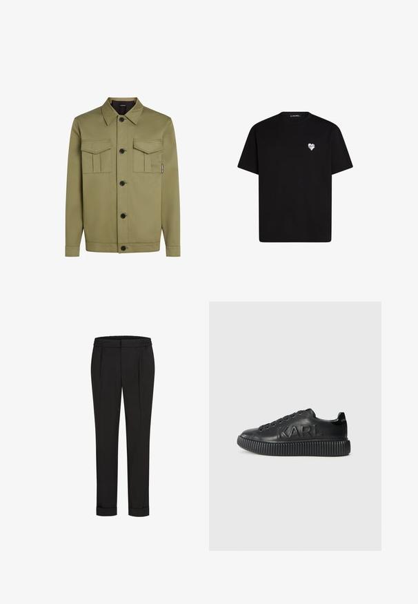 Olivgrön jacka i slätt tyg med klassisk krage, två bröstfickor och svarta knappar fram.; Svart bomullströja med korta ärmar, rund halsringning och en liten vit hjärtgrafik på vänster bröstområde.; Svarta byxor med elastisk midja, med en rak bendesign och uppvikta fållar. Tillverkade av glatta, vävda tyger utan mönster.; Svart sneaker i slät läder, med en tjock ribbad sula och präglat varumärke. Klassisk snörningsdesign med runda öglor.