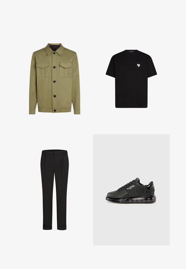 Olivno zeleno jakno iz gladkega blaga, s klasičnim ovratnikom, dvema prsnikoma in črnimi gumbi spredaj.; Črna bombažna majica s kratkimi rokavi, okroglo izreza in majhnim belim srčkom natisnjenim na levem prsnem delu.; Črne hlače z elastičnim pasom, s pravimi nogavicami in zavihanimi manšetami. Narejene so iz gladkega, tkanega materiala brez vzorcev.; Črne snežne čevlje z gladkim usnjenim zgornjim delom, zaobljenim toeom in vezalnim dizajnom. Imajo prozoren, oblazinjen podplat z temnim gradijentom.