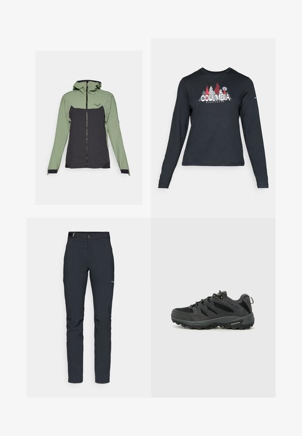 Dynafit TRANSALPER - Veste coupe-vent - sage; Chemise à manches longues gris foncé avec un motif d'arbres rouges et de montagnes ; logo "COLUMBIA" en lettres blanches en gras. Tissu doux, col rond standard.; Pantalons de plein air pour hommes, gris foncé, fabriqués en matériau flexible, dotés d'une ceinture, de poches zippées et de coutures renforcées.; Columbia REDMOND - Chaussures de marche - black/citron haze