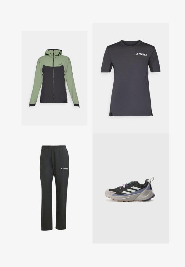 Dynafit TRANSALPER  - Windbreaker - sage; Dunkelgraues Kurzarmshirt aus leichtem Material mit einem Rundhalsausschnitt und einem weißen TERREX-Logo auf der Brust.; Schwarze, leichte Hose mit einem elastischen Bund. Besitzt ein dezentes, weißes "TERREX"-Logo. Hergestellt aus glattem Material mit geradem Bein.; Schwarzer Sportschuh mit Gore-Tex-Obermaterial, weißen Streifen, lila Akzenten, dicker grauer Zwischensohle und strukturiertem grauen Außensohle für besseren Halt.