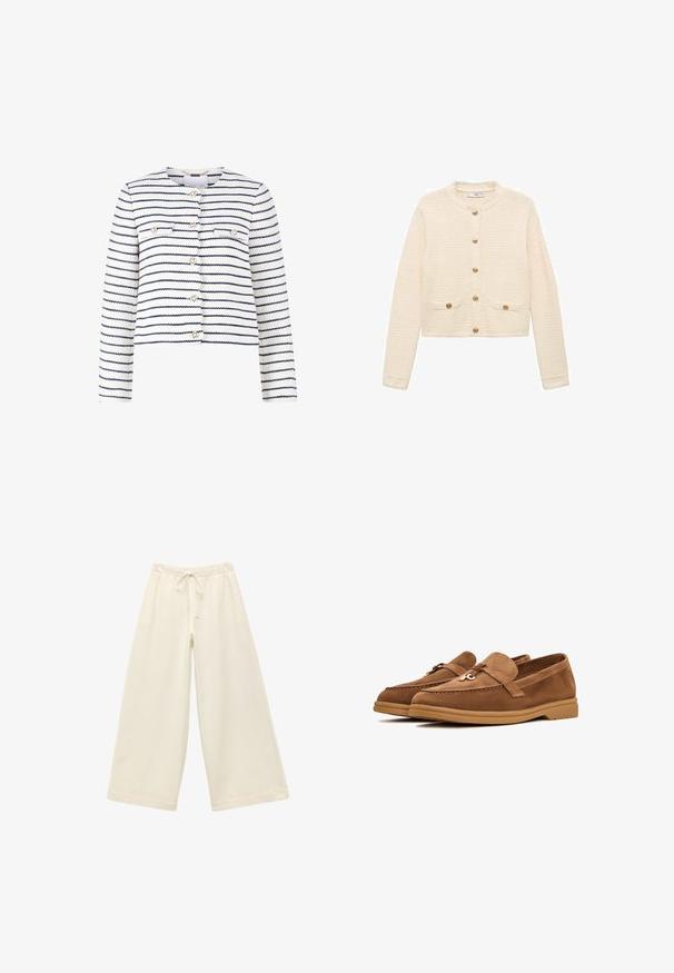 Hvid cropped jakke med marineblå striber, udstyret med frontlommer, guldtonet knapper og et tekstureret stof. Enkel rund halsudskæring, lange ærmer.; Cremefarvet cardigan lavet af tekstureret stof, med lange ærmer, rund halsudskæring, guldknapper og forlommer.; Strik top uden ærmer i elfenben med et struktureret, åbent vævdesign. Bølgekanter ved armhuller og nederste kant tilfører detaljer.; Cremefarvede bukser med brede ben, elastisk talje og snøre. Glat tekstur, knælængde, løs pasform og uden synlige mønstre.; Brune ruskind loafers med flad sål, prydet med en dekorativ sløjfe og diskrete stikninger. Rund tå-design.