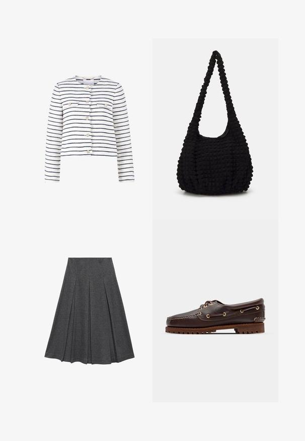 Witte cropped jacket met marineblauwe strepen, voorzien van voorzakken, goudkleurige knopen en een gestructureerde stof. Eenvoudige ronde halslijn, lange mouwen.; Gekorte button-up shirt met blauw-witte verticale strepen en een gestructureerde afwerking, spitse kraag en enkelvoudige knopen bij de manchetten.; Grijze geplooide rok met een uitlopende vorm, gemaakt van een zachte stof. Kenmerkt zich door verticale plooien en een gladde tailleband voor een strakke look.; Bruine leren bootsschoen met gouden oogjes, ronde veters en een gestructureerde bruine rubberen zool. Kenmerkt zich door gestikte details en een verhoogd logo.; Zwarte gestructureerde stoffen tas met een enkele gedraaide strap, met een puffy vorm en een geraffineerd oppervlakontwerp.