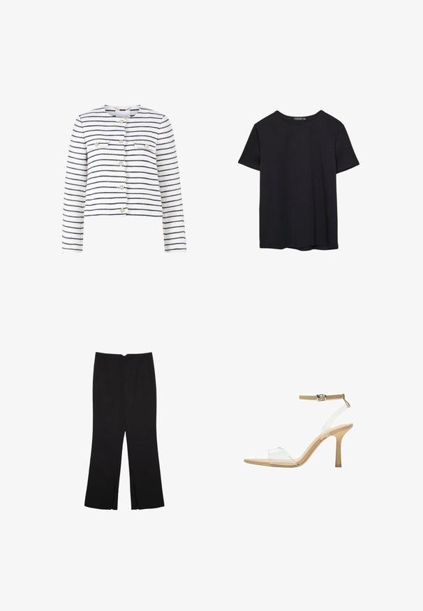 Valkoinen lyhyt takki, jossa on tummansiniset raidat. Edessä taskut, kultasävytetyt napit ja teksturoitu kangas. Yksinkertainen pyöreä pääntie, pitkät hihat.; Yksinkertainen lyhythihainen musta puuvillapaidan t-paita, jossa on pyöreä kaula-aukko, esitetty valkoisella taustalla.; Mustat housut suoralinjaisella leikkauksella, joissa on etutaskut ja sivurei'ät helman alla. Valmistettu pehmeästä ja sileästä kankaasta. Sopii eri tilaisuuksiin.; Kirkas korkokenkä läpinäkyvällä varrella, beigellä pohjalla ja hoikalla nilkkahihnalla. Ominaisuuksiin kuuluu terävä kärki ja ohut korkea korko.