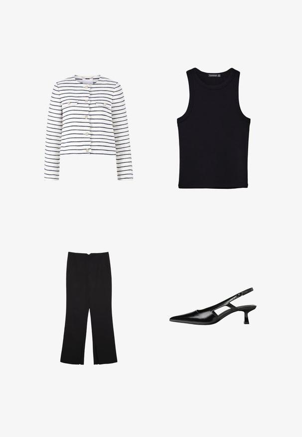 Bijela skraćena jakna s mornarskoplavim prugama, s prednjim džepovima, zlatnim gumbima i teksturiranim materijalom. Jednostavan okrugli izrez, duge rukave.; Crni top bez rukava od pamuka, s okruglim izrezom i širokim izrezima za ruke. Glatka tekstura s ušivenim rubovima. Klasičan, minimalistički dizajn.; Crne hlače ravnog kroja, s prednjim džepovima i bočnim prorezima na rubu. Izrađene od mekog i glatkog materijala. Pogodne za razne prigode.; Crne lakirane natikače na remenčić sa špicastim nosom, dizajnom sa izrezima sa strane i malim kvadratnim potplatom. Glatka tekstura s minimalnim akcentima.