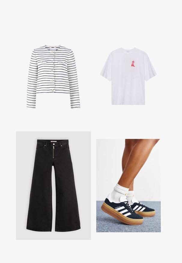 Witte cropped jacket met marineblauwe strepen, voorzien van voorzakken, goudkleurige knopen en een gestructureerde stof. Eenvoudige ronde halslijn, lange mouwen.; Witte katoenen t-shirt met korte mouwen, voorzien van een rode cowboylaars graphic aan de linkerzijde van de borst. Zachte textuur, ontspannen pasvorm.; Wijdvallende jeans van zwarte denim met een ritssluiting aan de voorkant, vijf zakken en subtiele stikdetails. Soepele textuur en casual stijl.; Zwarte suède sneakers met witte strepen en accenten, ronde neus, gum rubberen buitenzool, gecombineerd met witte geribbelde crewkousen.