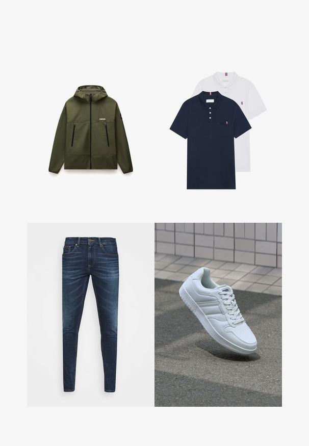 Olive green, kaptur kaszkiet z gładkiego, elastycznego materiału, z przednim zamkiem błyskawicznym, dwoma czarnymi kieszeniami na zamek i fakturowanym kołnierzem.; Dwa koszulki polo: jedna granatowa, a druga biała, obie z małym akcentem w kolorach czerwonym, białym i niebieskim na kieszeni na piersi oraz kołnierzyku.; Granatowe dżinsy o slim fit, delikatnym wyblaknięciu, pięciu kieszeniach i metalowym zapięciem. Haftowane akcenty w kontrastowym kolorze.; Białe sportowe trampki z gładkiej skóry, z zapięciem na sznurowadła, perforowanym noskiem i wzorzystą podeszwą. Minimalistyczny design z trzema paskami po bokach.
