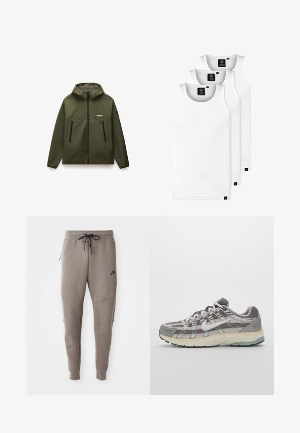 Olīvu zaļš, ar kapuci, jaka, kas izgatavota no gludas, elastīgas auduma, ar priekšējo rāvējslēdzēju, divām melnām rāvējslēdzēja kabatām un strukturētu apkakli.; Trīs baltas ribotas krūšturi, kas izgatavoti no kokvilnas. Iezīmēti ar apaļu kakla izgriezumu un maziem melniem etiķetēm tuvu apakšmalai. Pieejami vairākos izmēros.; Pelēki Nike sporta bikses ar aukliņu viduklī, sašaurinātiem galiem, sānu kabatām un izteiktām šuvēm. Mīksta, teksturēta auduma.; Pelēkie sporta apavi ar tīkla un zamša augšdaļu, baltiem akcentiem, mīkstinātu zoli un izcilu dizainu ar atstarotājiem.