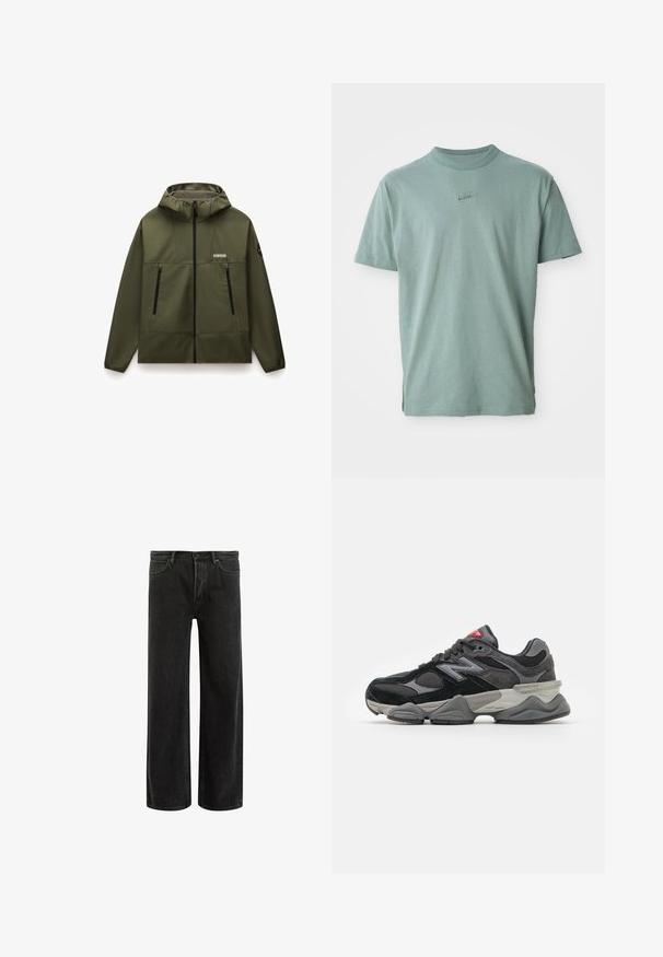 Olivově zelená, kapucínová bunda vyrobená z hladkého, flexibilního materiálu, s předním zipem, dvěma černými zipovými kapsami a texturovaným límcem.; Zelené bavlněné tričko s krátkými rukávy, vroubkovaným kulatým výstřihem a vyšitým logem Nike na hrudi. Hladká textura a volný střih.; Černé džíny s širšími nohavicemi a vysokým pasem, s klasickým designem pěti kapes a jemným vyblednutím pro texturovaný vzhled.; Černé a šedé sneakersy se směsí semišových a síťovaných materiálů, silnou podrážkou, výrazným logem a červeným akcentem na jazyku.