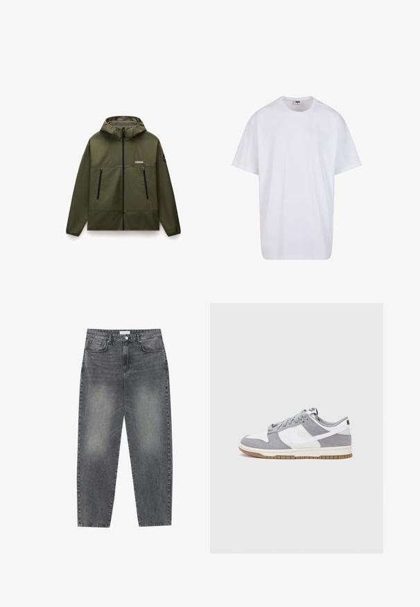 Olivgrön huva jacka gjord av glatt, flexibelt tyg, med en dragkedja framtill, två svarta dragkedjefickor och en texturerad krage.; Vit bomull t-shirt med korta ärmar, rundad halsringning, avslappnad passform och utan synliga logotyper eller mönster. Slät textur och minimal design.; Högmidjade, löst sittande jeans i blekt svart denim. Inkluderar fem fickor, bälteshällor och en ren, rak ben-design.; Nike-sneakers har en grå mocka- och vit läderoverdel med perforeringar, runda snören och en sula i gummi för grepp.