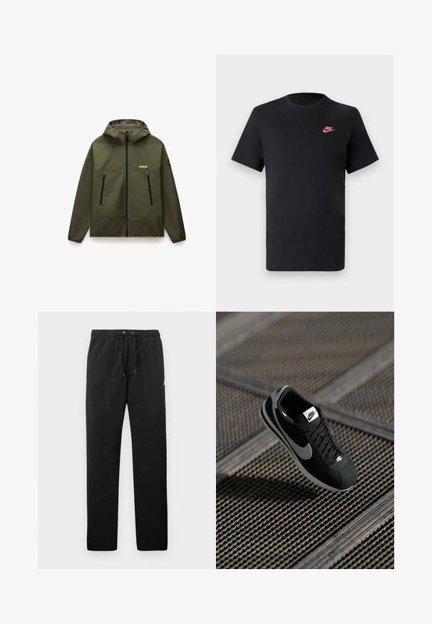 Olivgrön huva jacka gjord av glatt, flexibelt tyg, med en dragkedja framtill, två svarta dragkedjefickor och en texturerad krage.; Svart bomullströja med rund halsringning och korta ärmar. Har en rosa Nike-logga på den övre vänstra sidan. Slät textur.; Svarta sweatpants i fleece, med resårmidja och dragsko, två framfickor och en liten logotyp på låret.; Svarta Nike-sneakers med grå accenter, material i mocka och nät, texturerad sula, smal form och klassisk snördesign.