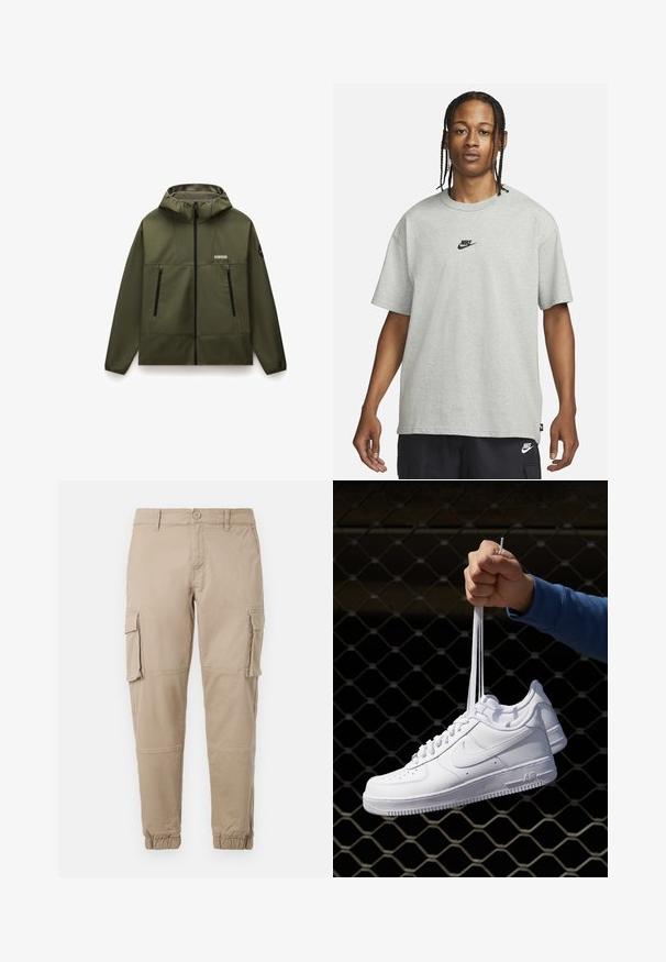 Chaqueta verde oliva con capucha, hecha de un tejido suave y flexible, que cuenta con una cremallera frontal, dos bolsillos con cremallera negra y un cuello texturizado.; Joven con cabello trenzado que lleva una camiseta Nike gris claro y pantalones cortos Nike negros frente a un fondo blanco liso.; Pantalones cargo beige de un material de algodón ligero. Presenta puños elásticos, múltiples bolsillos laterales y un cierre de botón.; Zapatillas de cuero blanco con perforaciones, punta redonda, suela plana y cordones gruesos, con un logo de swoosh visible y "AIR" en el talón.