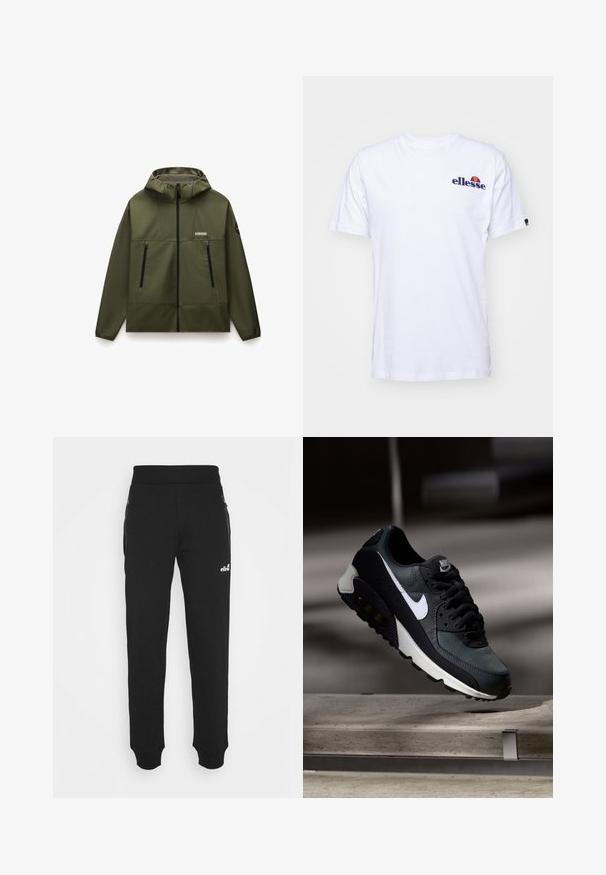 Casaco verde-azeitona com capuz, feito de um tecido liso e flexível, apresentando um fecho de correr frontal, dois bolsos pretos com fecho de correr e um colarinho texturizado.; Camiseta de algodão branca com mangas curtas, apresentando um logótipo bordado azul-marinho no lado esquerdo do peito e um toque de cor vibrante acima do logótipo.; Calças de treino pretas, feitas de um tecido suave, apresentam um design de perna afunilada, cintura elástica, pockets laterais com fechos éclair, e um pequeno logótipo como detalhe.; Sapatilhas pretas e verdes com um upper de malha padrão, logotipo swoosh branco, colarinho almofadado e uma unidade de amortecimento de ar visível na sola.