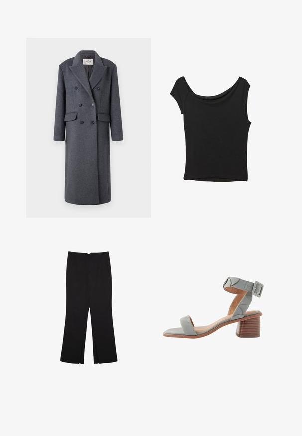 Replay JACKET - Klassisk frakke - dark gray; Sort kortærmet top lavet af glat stof; har en draperet halsudskæring og en asymmetrisk kant, med en tætsiddende pasform.; Sorte bukser med lige pasform, der har frontlommer og slidser i kanten. Lavet af blødt, glat stof. Velegnet til forskellige anledninger.; Next FOREVER COMFORTREGULAR FIT - Sandaler - blue