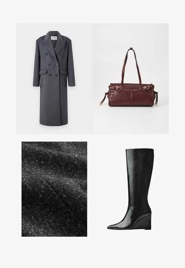 Replay JACKET - Cappotto classico - dark gray; Maglietta a maniche lunghe, colletto rotondo, di colore crema realizzata in tessuto morbido. Presenta una linea diritta e un design minimalista senza decorazioni.; Tessuto nero testurizzato con piccole fibre chiare intrecciate, che presenta un aspetto morbido e tessuto, con un motivo sottile e variegato.; Stivali in pelle nera alti fino al ginocchio, con punta affilata e tacco a zeppa. La superficie è liscia con una finitura lucida.; Borsa a tracolla in pelle bordeaux con due manici, hardware dorato e chiusura con zip. Presenta una texture liscia e dettagli di cucitura sottili.