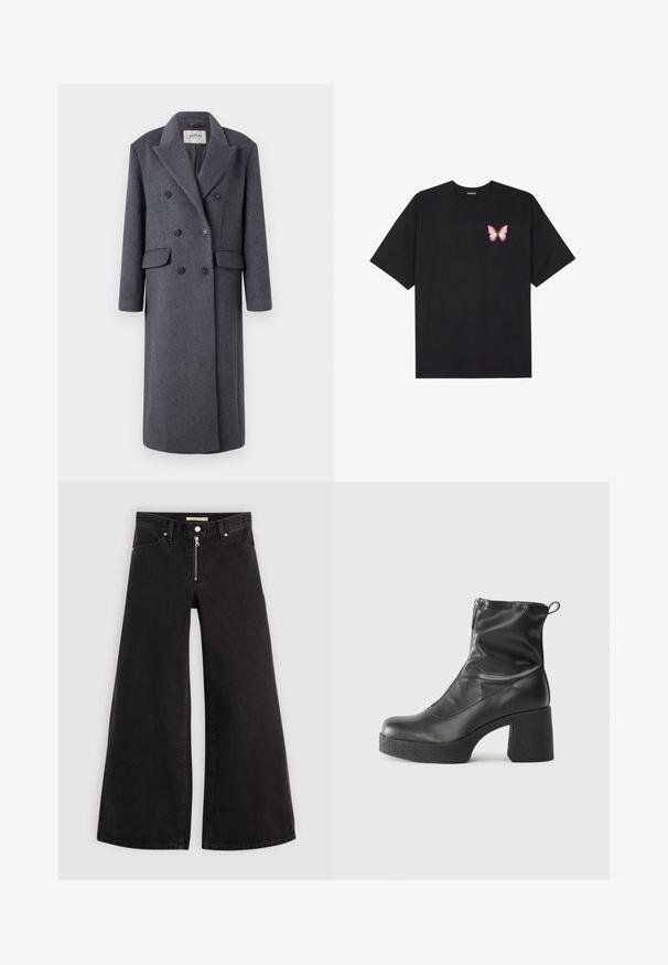 Replay JACKET - Klasický kabát - dark gray; Čierne bavlnené tričko s krátkymi rukávmi, s malým ružovým motýlikom na ľavej hrudi. Design s okrúhlym výstrihom a uvoľneným strihom.; Dlhé nohavice vo voľnom strihu z čierneho denimu so zipsom vpredu, päť vrecúškovým dizajnom a jemnými stehovými detailmi. Hladká textúra a neformálny štýl.; Čierne členkové topánky z hladkej kože, so bočným zipsom, robustnou textúrovanou pätnou časťou a zaobleným dizajnom špičky.