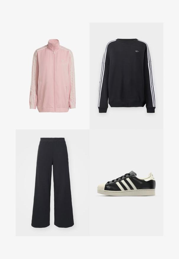 Rózsaszín futódzseki sima anyagból, magas gallérral, teljes zipzárral, két oldalzsebbel és mindkét ujján három fehér csíkkal.; Fekete hosszú ujjú pulóver, fehér csíkokkal mindkét karon, és egy kis szürke logóval a mellkason. Pamut anyagból, kényelmes szabású.; Fekete, bő szárú melegítőnadrág, puha anyagból készült, rugalmas derékkal és egy kis logóval a bal oldalon.; Fekete bőrsneaker fehér csíkokkal, gumírozott orral, fekete fűzővel és krém színű talppal. Simaság és fényes felület jellemzi.