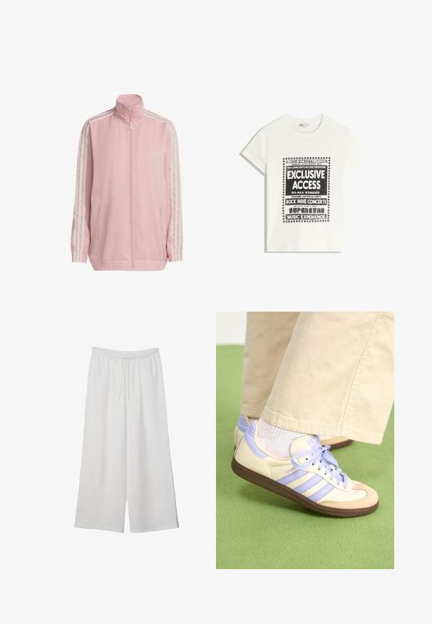 Růžová sportovní bunda vyrobená z hladkého materiálu, s vysokým límcem, plným zipem, dvěma bočními kapsami a třemi bílými pruhy na každém rukávu.; Bílý tričko s černým textem propagující hudební akci, obsahující "Exkluzivní přístup", "Rockové indie koncerty" a "Superstar hudební zážitek."; Bílé kalhoty s širokými nohavicemi vyrobené z lehké tkaniny, s elastickým pasem a stahovací šňůrkou pro nastavitelnou velikost. Hladká textura.; Krémové a levandulové tenisky se třemi pruhy a texturovanou hnědou podrážkou, vybavené tkaničkami a polstrovanou patou. Měkký textilní svršek.