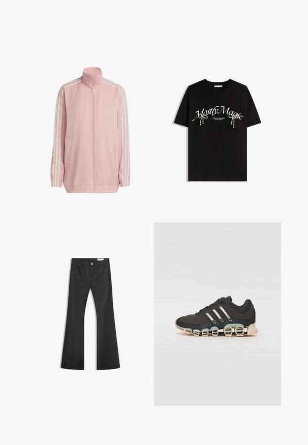 Roza trenirka napravljena od glatkog materijala, s visokim ovratnikom, punim zatvaračem, dva bočna džepa i tri bijele pruge na svakoj rukavu.; Crna pamučna majica s natpisom "Većinom Magično" u bijeloj boji, ukrašena dekorativnim bisernim akcentima. Kratki rukavi, ležeran kroj, okrugli izrez.; Crne široke traperice od denima s glatkom teksturom, s dva stražnja džepa i kopčanjem na dugme u struku.; Crne atletske tenisice s teksturiranim gornjim dijelom, tri srebrne pruge i posebnim potplatom s višestrukim integriranim sekcijama.