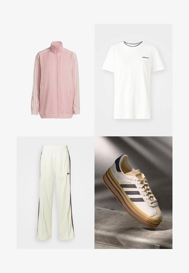 Rosa treningsjakke laget av glatt stoff, har høy krage, hel glidelås, to sidelommer og tre hvite striper på hver erme.; Hvit bomull t-skjorte med korte ermer og rund hals. Har en svart Adidas-logo på brystet og en kontrasterende svart indre krage.; Kremfargede joggebukser med en avslappet passform, som har mørkebrune sidestriper og en brodert logo på venstre lår.; Adidas Gazelle sneakers med en kremfarget semsket overdel, blå lærdetaljer, tre blå striper, beige mellomsåle og brun gummi yttersåle.