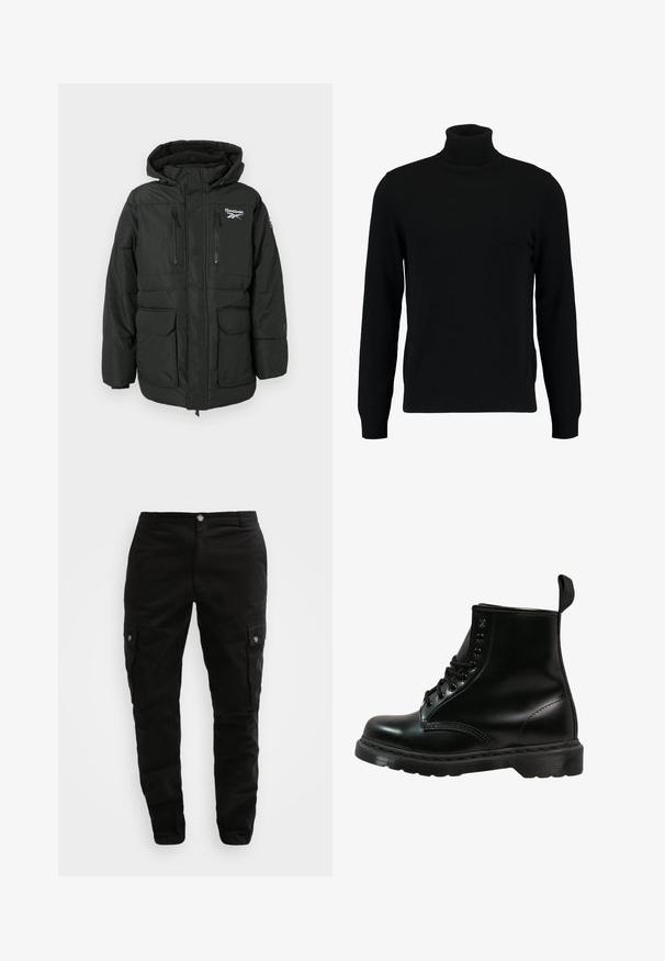 Musta pehmustettu takki hupulla, jossa on logo rinnassa, kaksi vetoketjullista rintataskua ja kaksi suurta etutaskua läpällä.; Mustat poolokauluspusero, joka on valmistettu pehmeästä neulomateriaalista. Siinä on pitkät hihat, ribbireunus kauluksessa ja helmassa. Yksinkertainen, tyylikäs muotoilu ilman kuvioita.; Musta cargo-housut, jotka on valmistettu kestävästä kankaasta, sisältävät sivutaskut, napin sulkemisen ja slim fit -muotoilun. Silkkinen rakenne, jossa on minimaalinen yksityiskohtaisuus.; Mustat nahkabootit, joissa on pyöreä kärki, nauhakiinnitys, kuusi silmukkaa ja kuvioitu kumipohja. Takana on vetoketju.