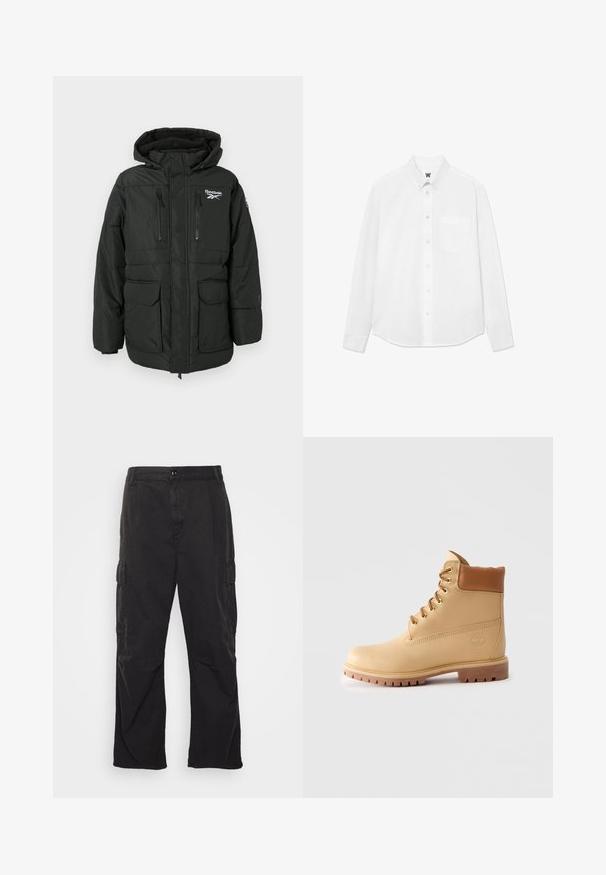 Čierna vypchávkovaná bunda s kapucňou, s logom na hrudi, dvoma zipsovými vreckami na hrudi a dvoma veľkými prednými vreckami s klopou.; Biela košeľa s dlhým rukávom a gombíkmi, s golierom, predným vreckom a jemnou textúrou. Predná západka má gombíky a malý detail s logom.; Čierne cargo nohavice so strihom rovného nohavice, ktoré majú dve bočné vrecká, zapínanie na gombík a textúrovanú tkaninu.; Svetlohnedá kožená členková topánka s polstrovaným golierom, zlatými očkami, pieskovými šnúrkami a hrubou podrážkou na jednoduchom svetlom pozadí.