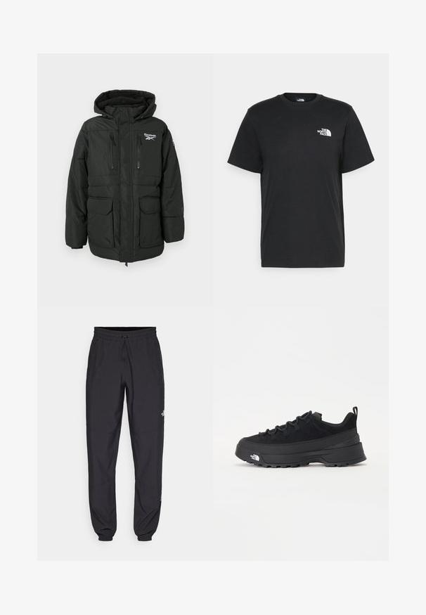 Black padded jacket with a hood, featuring a logo on the chest, two zippered chest pockets, and two large front flap pockets.; Black cotton t-shirt with short sleeves, crew neck, and a small white logo on the left chest. Simple design, smooth texture, and relaxed fit.; Black athletic pants made from lightweight fabric, featuring a drawstring waistband, side pockets, and tapered cuffs at the ankles.; Black outdoor sneaker with a suede upper, textured rubber sole, and sturdy lacing system. Features a reinforced heel and brand logo on the side.