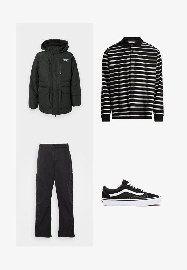 Černá zateplená bunda s kapucí, na hrudi s logem, dvěma zipovými kapsami na hrudi a dvěma velkými předními kapsami s klopou.; Pánská polo košile s dlouhým rukávem vyrobená z černé látky s bílými horizontálními pruhy, vybavená límcem a zapínáním na tři knoflíky.; Černé cargo kalhoty se rovnými nohavicemi, obsahující dvě boční kapsy, zapínání na knoflík a strukturovanou tkaninu.; Černé plátěné tenisky s bílými akcenty, s kulatou špičkou, šněrovacím designem a gumovou podrážkou. Viditelné logo na boku a detaily prošívání.