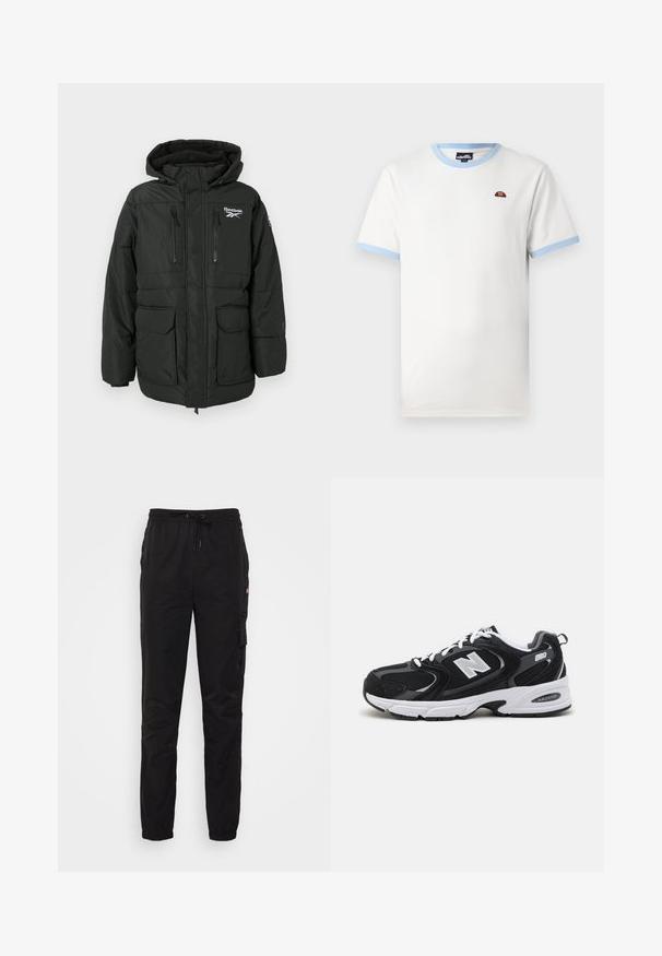 Czarna puchowa kurtka z kapturem, z logo na piersi, dwoma zapinanymi na zamek kieszeniami na klatce piersiowej oraz dwiema dużymi kieszeniami z klapą z przodu.; Biała bawełniana koszulka z jasnoniebieskim ściągaczem przy kołnierzyku i krawędziach rękawów. Posiada małe czerwono-pomarańczowe logo na piersi. Klasyczny krój.; Ellesse APERIO - Bojówki; Czarno-szare buty sportowe z siateczki i zamszu, z białą podeszwą środkową, sznurowadłami oraz wyrazistym logo "N" po boku.